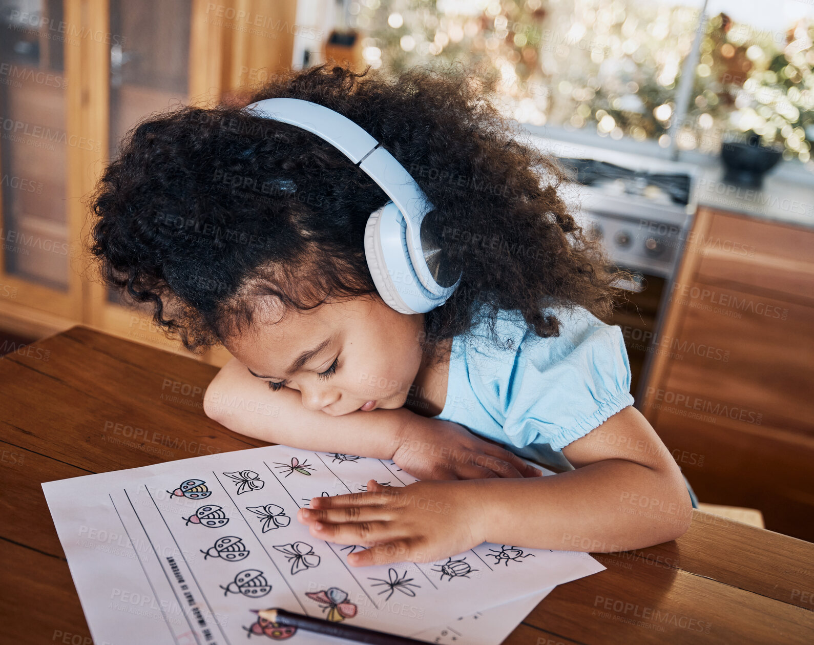 Buy stock photo Home education, tired kid and sleep during kindergarten homework, distance learning or study creative art, insect or project. Creativity sketch, child dream and student girl fatigue, rest and burnout