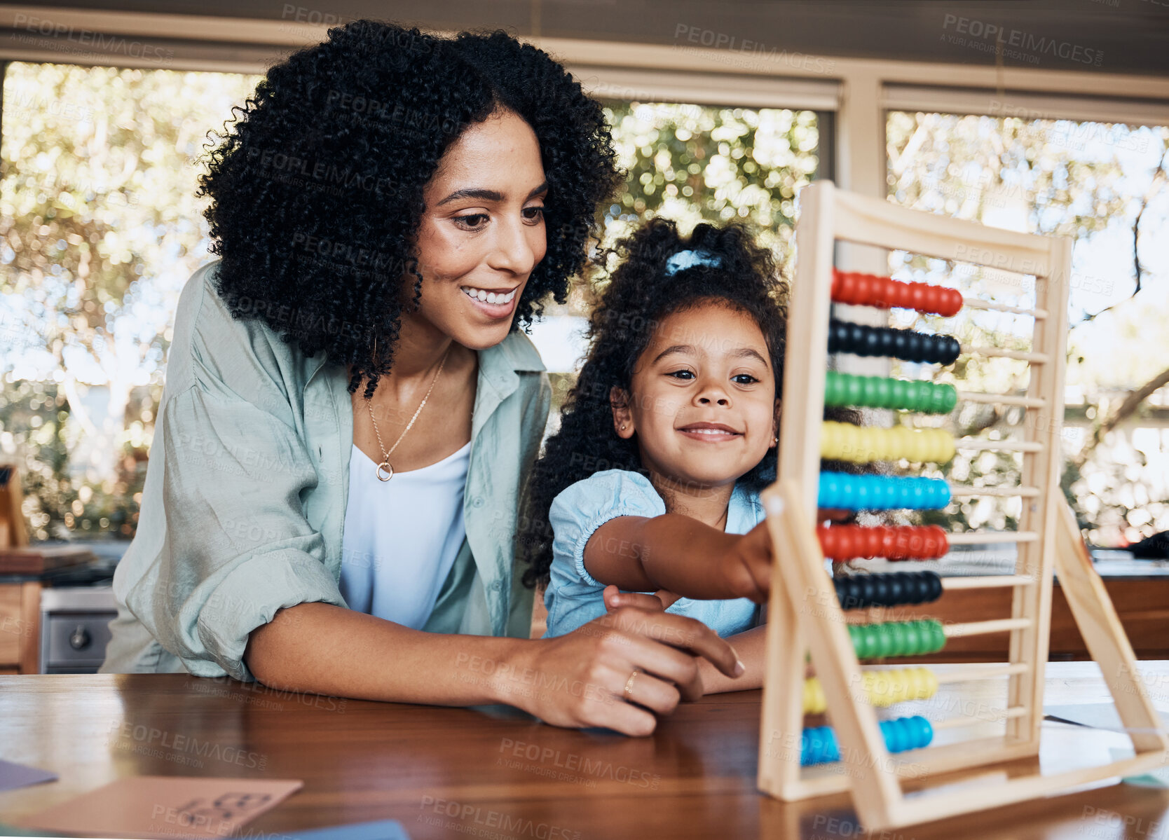 Buy stock photo Abacus, education and happy family mother, child and studying math, counting or youth development project. Distance learning, home school and mom help, support or teaching kid, young girl or daughter