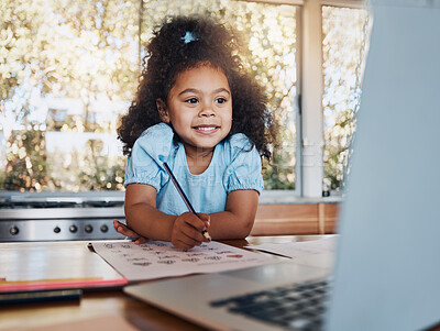 Online class, laptop and child with notebook in kitchen, learning and education in home school. Elearning, studying or writing exam, happy girl with homework in house for virtual kindergarten project