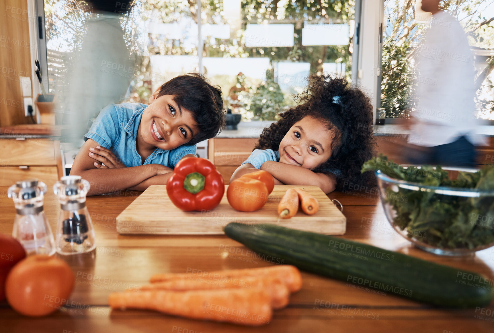 Buy stock photo Cooking, health and portrait of children in kitchen for learning, food and nutrition. Wellness, support and vegetable with family and helping at home for meal prep, support and dinner together