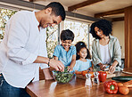 Cooking, health and help with family in kitchen for learning, food and nutrition. Wellness, support and vegetable with parents and children at home for meal prep, support and dinner together