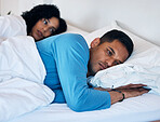 Frustrated couple, fight and lying in bed breakup, divorce or argument from disagreement or dispute at home. Upset woman and man in conflict, cheating affair or toxic relationship in bedroom at house