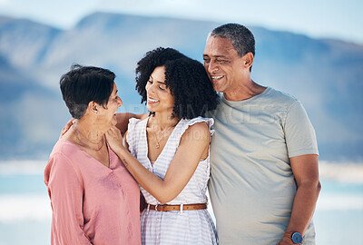 Buy stock photo Beach, senior parents and woman in hug together with smile, love and sky on summer holiday in Mexico. Embrace, happy family support and mature mom, dad and woman on ocean holiday travel in nature.