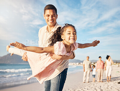 Buy stock photo Smile, beach and father doing airplane with girl having fun on family vacation or holiday. Happy, travel and young dad playing and bonding with child by ocean on adventure or weekend trip together.