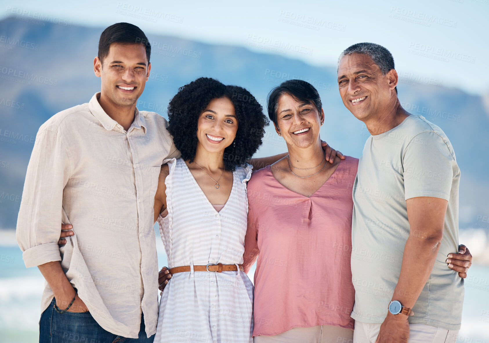 Buy stock photo Portrait, couple and senior parents on beach together with smile, love and summer holiday in Mexico. Embrace, happy family support and mom, dad and ocean holiday travel hug with man, woman and nature