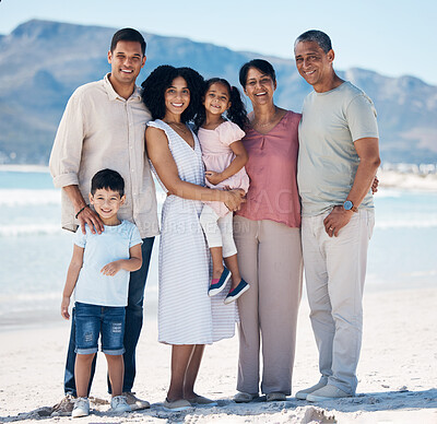 Buy stock photo Grandparents, children and parents at beach, portrait or walk for smile, care or bonding on vacation. Mother, father and senior people with kids, free or love in big family for holiday, sea or summer