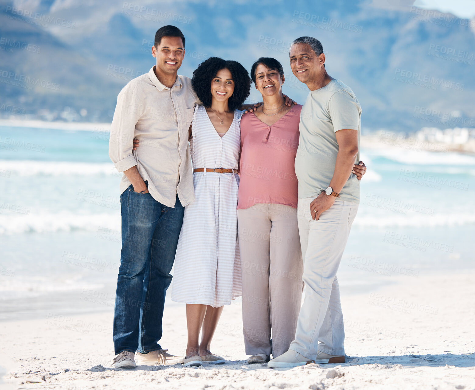 Buy stock photo Beach, portrait and happy family, men and women together with smile, love and hug on summer holiday in Mexico. Embrace, senior parents with happy adult children on ocean holiday travel in nature.