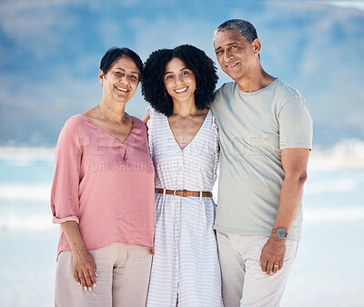 Buy stock photo Beach, portrait of senior parents and woman together with smile, love and hug on summer holiday in Mexico. Embrace, happy family and mature mom, dad and daughter on ocean holiday travel in nature.