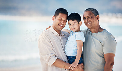 Buy stock photo Love, portrait and a family at the beach for a vacation, walking by the sea or travel together. Care, smile and a father, grandfather and a child at the ocean in the morning for a holiday in summer