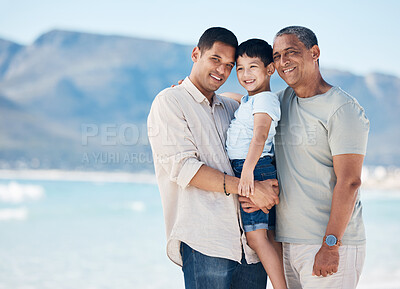 Buy stock photo Happy, portrait and a family at the beach for a vacation, walking by the sea or travel together. Care, smile and a father, grandfather and a child at the ocean in the morning for a holiday in summer