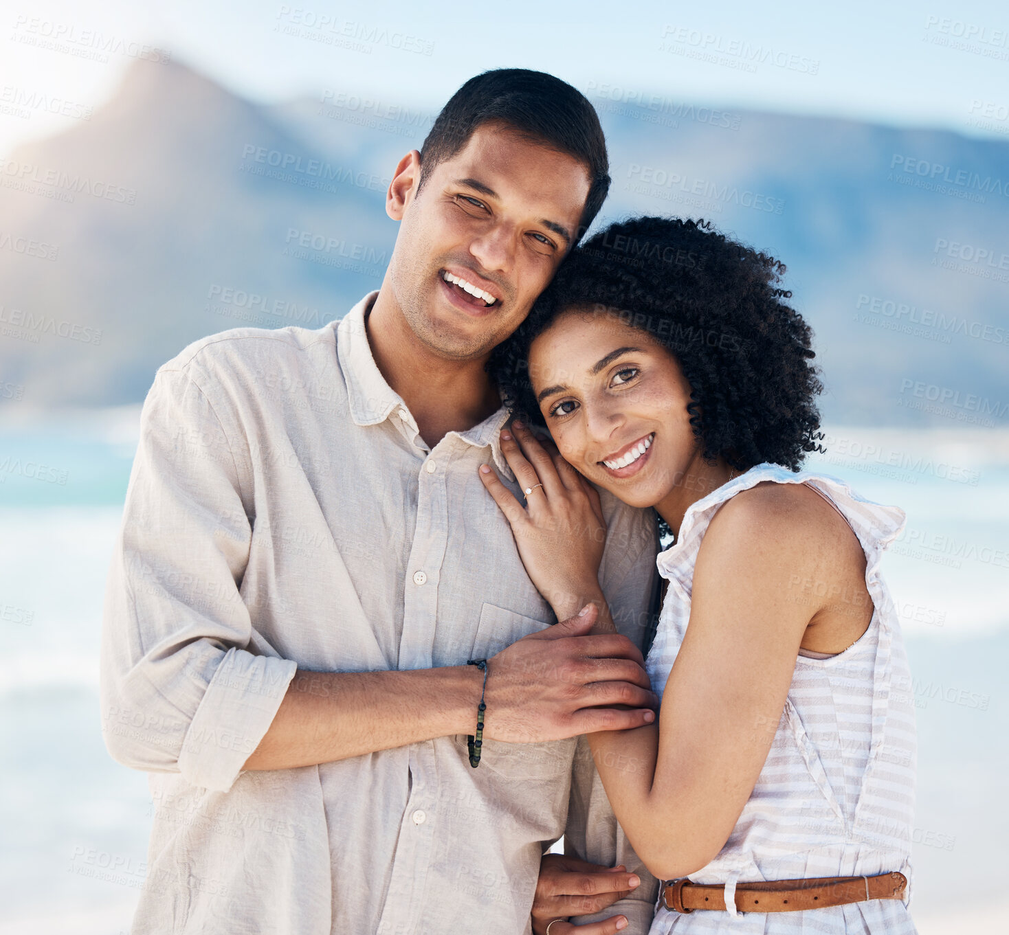 Buy stock photo Happy, couple and portrait of beach holiday, vacation or travel to Brazil for summer break at the ocean, waves or sea. People, smile and love a tropical adventure together for honeymoon or marriage