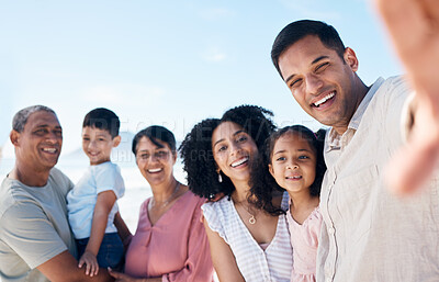 Buy stock photo Grandparents, kids and parents at beach selfie, portrait or smile for bonding, vacation or post on web. Mother, dad and senior people with children, memory or happy in summer, holiday or social media