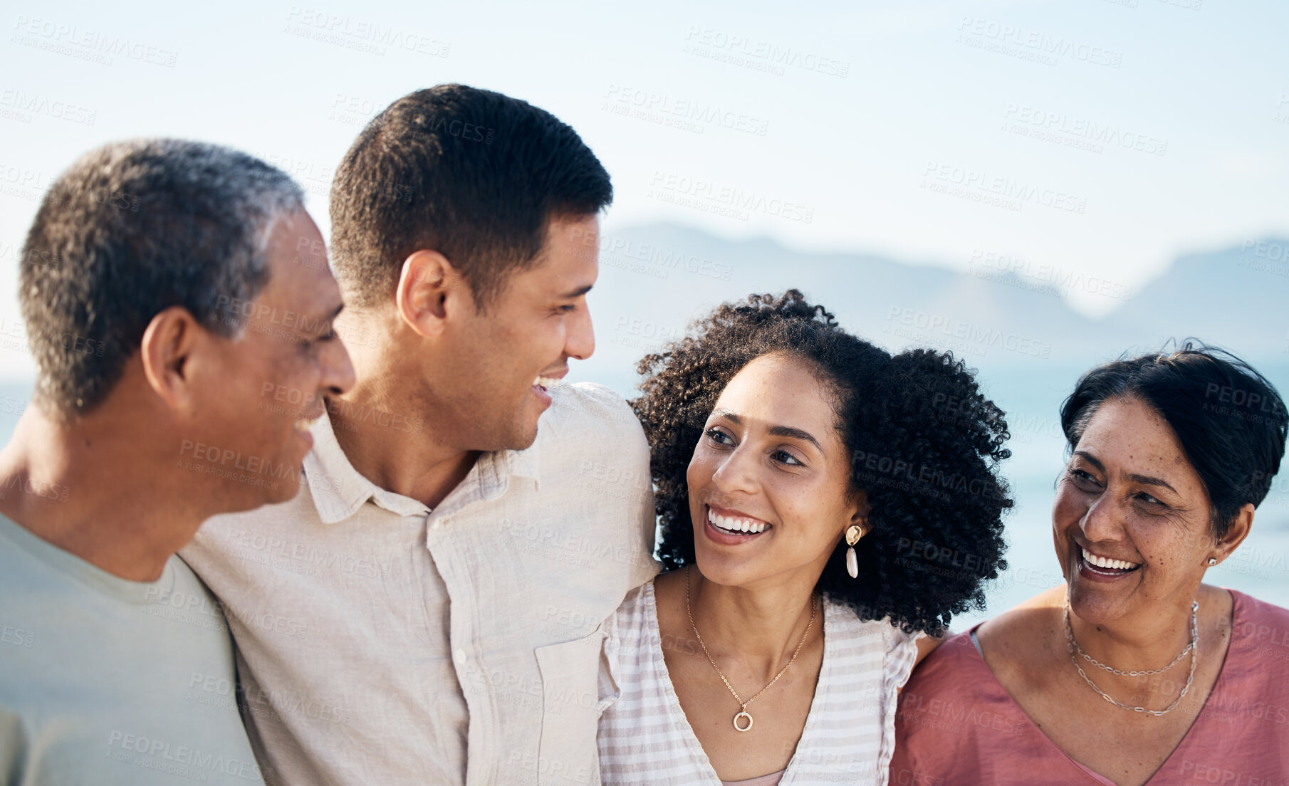 Buy stock photo Beach, senior parents and adult children together with smile, love and hug on summer holiday in Mexico. Embrace, happy family support and mature mom, dad and woman on ocean vacation travel in nature.