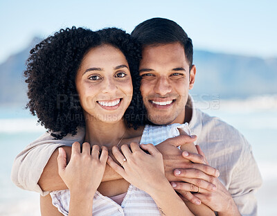 Buy stock photo Happy couple, portrait and hug outdoor with love, care and happiness together in nature. Closeup and face of a young man and woman for healthy marriage, commitment and freedom on a travel holiday