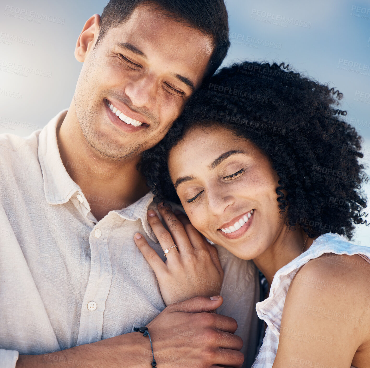 Buy stock photo Happy couple, love and hug outdoor with a smile, care and happiness together in nature. Closeup and face of a young man and woman for healthy marriage, commitment and freedom on a travel holiday