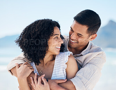 Buy stock photo Beach, hug and couple with love, smile and travel with marriage, bonding and relationship with care. Romantic, man and woman embrace, seaside holiday and romance with adventure and loving together