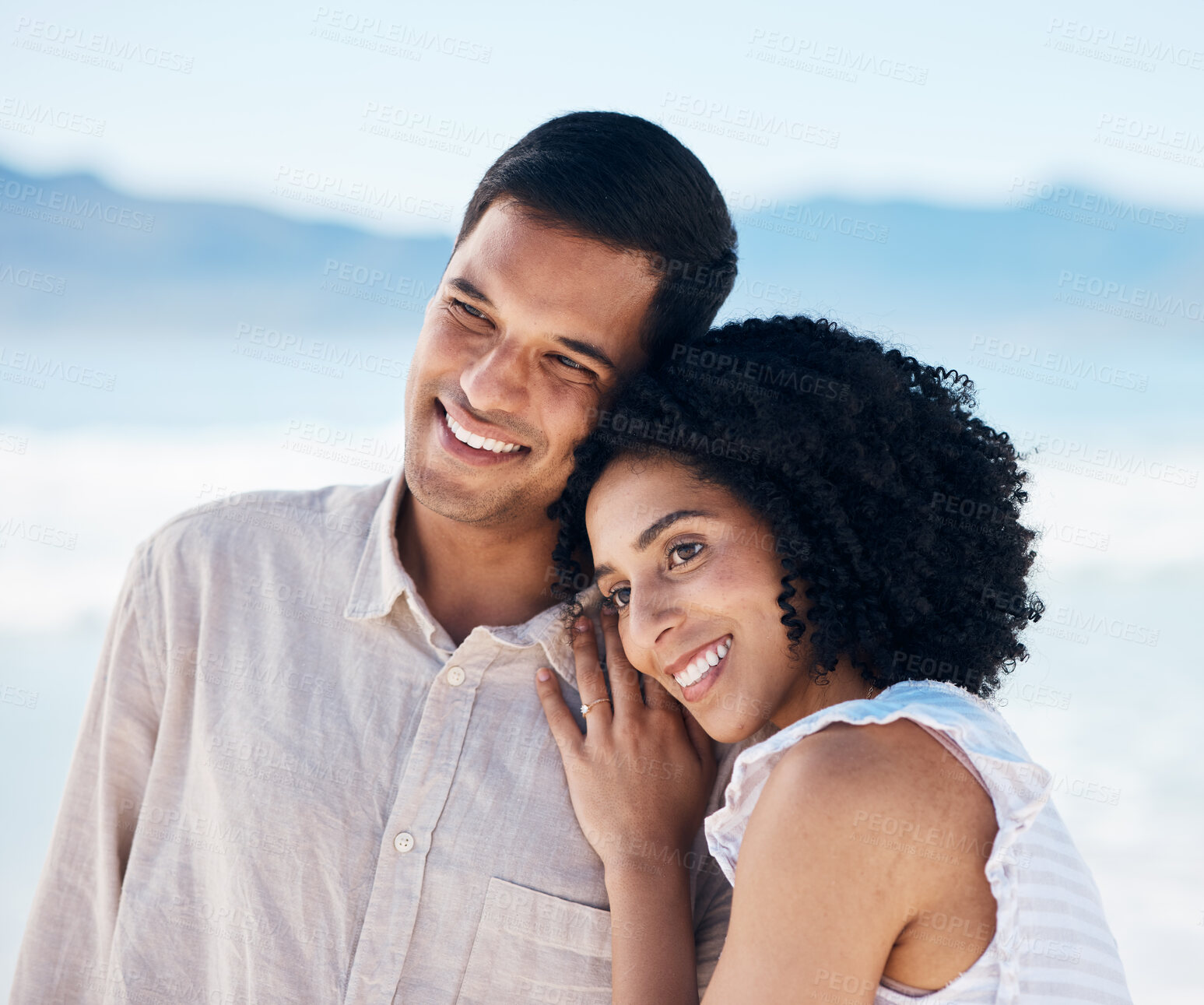 Buy stock photo Beach, hug and couple with a smile, marriage and vacation with romance, marriage and loving together. Romantic, man and woman embrace, seaside holiday and ocean with adventure, bonding and vacation