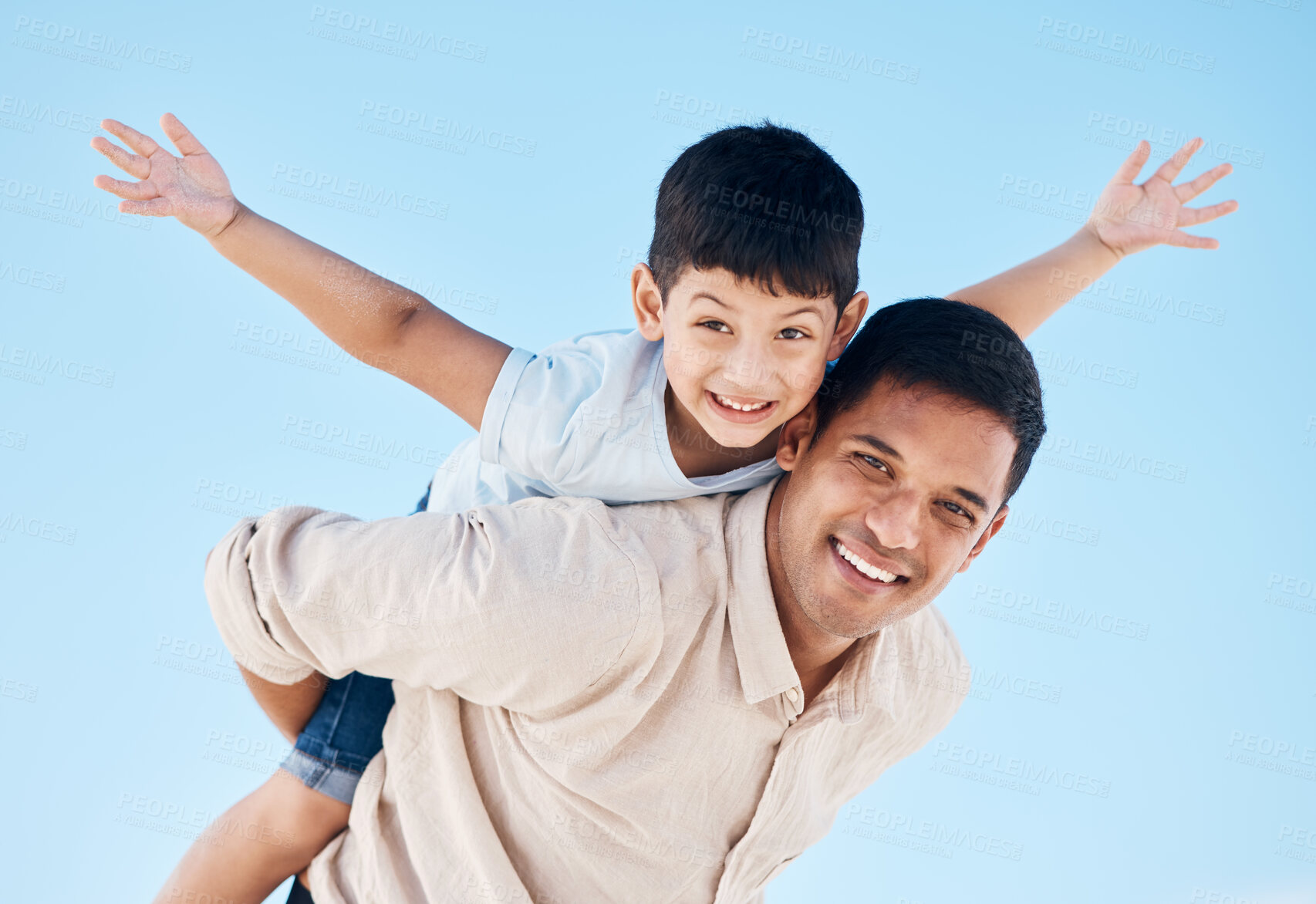 Buy stock photo Portrait, piggy back and father with his son, outdoor and bonding with happiness, playful and fun. Face, happy dad carry kid or smile with travel, sun and summer vacation with love, support and care 