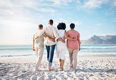 Buy stock photo Back, hug and family at the beach for walking, travel or relax by the ocean on holiday. Together, care and parents with adult people at the sea during summer for a vacation, love or support in nature