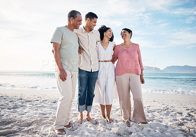 Buy stock photo Beach, senior parents and happy family together with smile, love and hug on summer holiday in Mexico. Embrace, support on walk and mature mom, dad and adult children on ocean holiday travel in nature