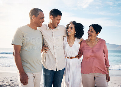 Buy stock photo Ocean, senior parents with men and women together with smile, love and hug on summer holiday in Mexico. Embrace, happy family support and mature mom, dad and children on ocean holiday travel walk.