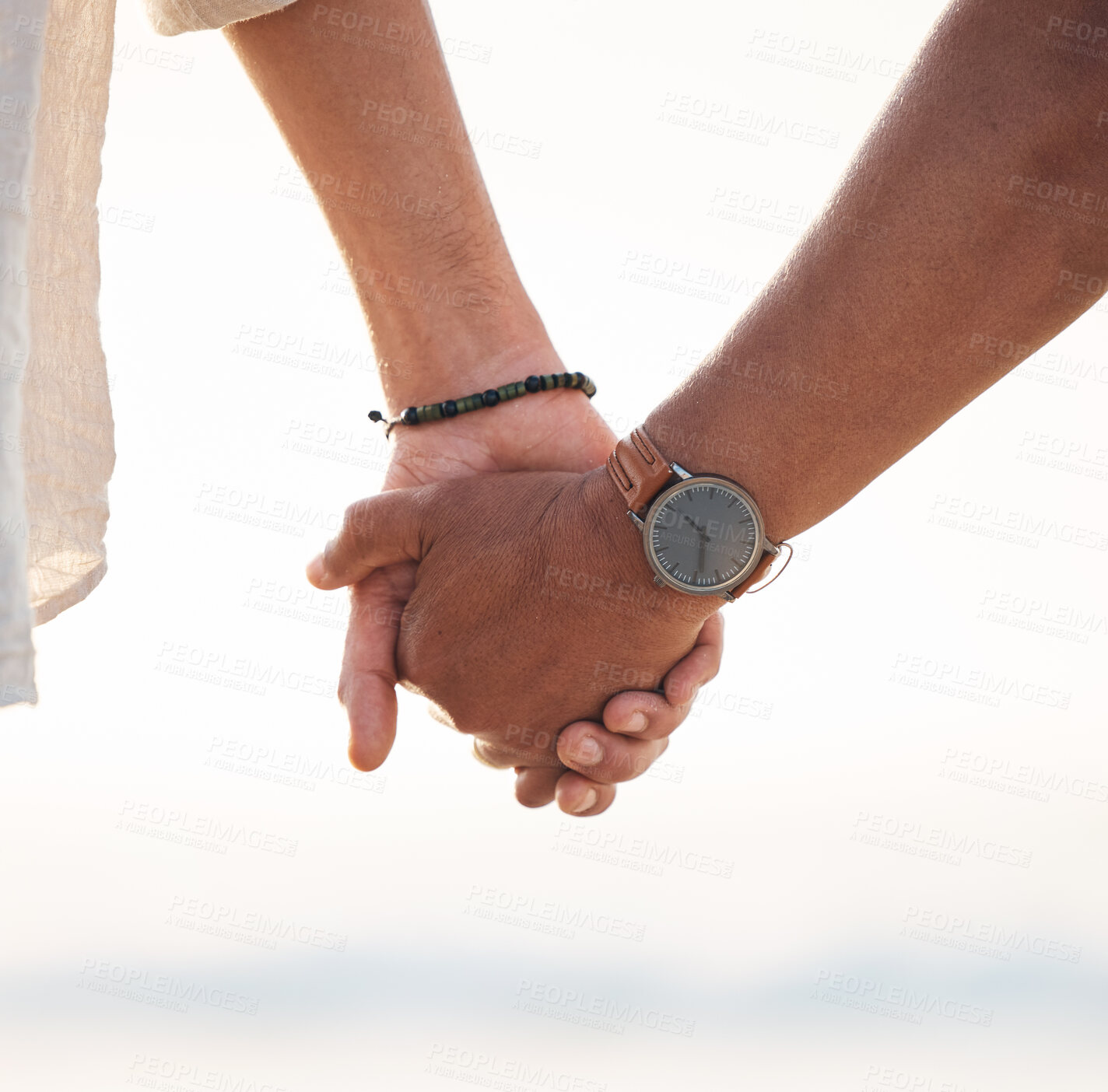 Buy stock photo Love, couple and holding hands at the beach for support, hope and solidarity on nature closeup. Zoom, unity and hand holding by man and woman outdoor with care, empathy and trust, kindness or help