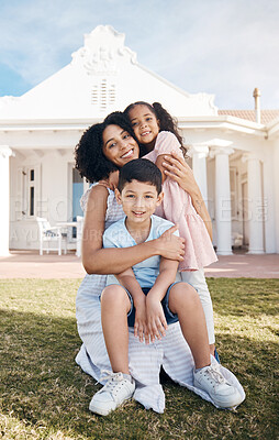 Buy stock photo Portrait, love and children with a family in the backyard of their home together during summer. Smile, happy mother and real estate on the lawn in the garden of their new house for trust or care