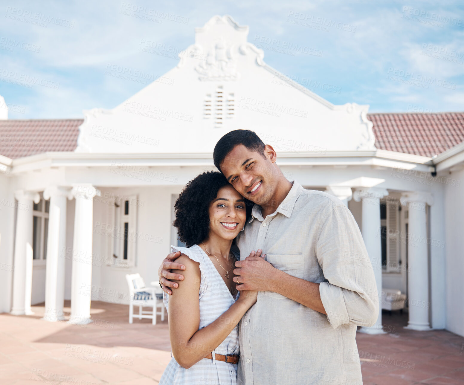 Buy stock photo New home, happy and portrait of couple hug for house, property and real estate investment. Homeowner, marriage and man and woman embrace for care, trust and excited for purchase, buying and mortgage