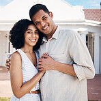 New home, real estate and portrait of couple hug for house, property and mortgage investment. Homeowner, marriage and man and woman embrace for care, trust and excited for purchase, buying and moving