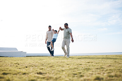 Buy stock photo Dad, grandfather and boy with holding hands, playful and swing for bonding, generations or love on grass. Grandpa, father and son on holiday, vacation and family on lawn, adventure or summer sunshine