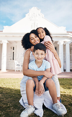 Buy stock photo Portrait, love and real estate with a family in the backyard of their home together during summer. Smile, mother and happy children on the lawn in the garden of their new house for trust or care