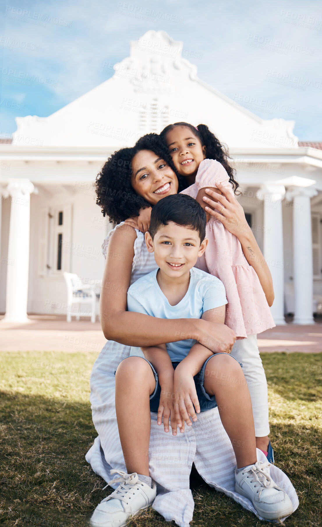 Buy stock photo Portrait, love and real estate with a family in the backyard of their home together during summer. Smile, mother and happy children on the lawn in the garden of their new house for trust or care