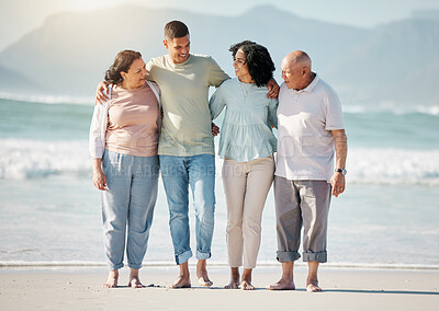 Buy stock photo Happy family, beach and couple with senior parents hug, walk and bond in nature together. Walking, love and laughing elders with with man and woman at sea for retirement, travel and visit in Bali