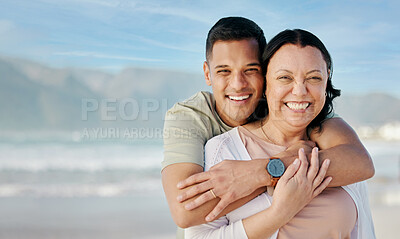 Buy stock photo Hug, portrait and couple at the beach with mockup for a date, vacation or bonding. Smile, care and a man and woman with love on a holiday at the sea with space for travel by the ocean for honeymoon