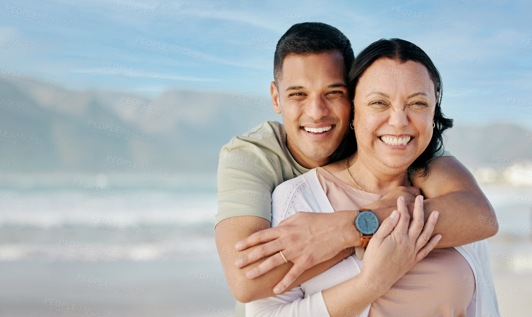 Buy stock photo Hug, portrait and couple at the beach with mockup for a date, vacation or bonding. Smile, care and a man and woman with love on a holiday at the sea with space for travel by the ocean for honeymoon