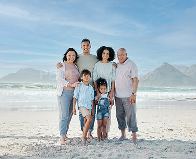 Buy stock photo Portrait, children and a family on the beach in summer together for holiday or vacation by the ocean. Love, nature or freedom with parents and grandparents at the sea for bonding or weekend travel