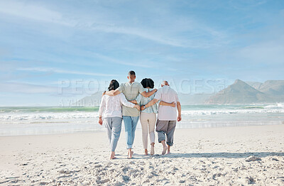 Buy stock photo Back, mockup and a family walking on the beach together for summer vacation or holiday in nature. Love, freedom and travel with senior people, son or daughter outdoor for summer bonding by the ocean