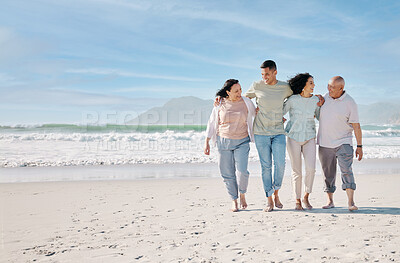 Buy stock photo Love, mockup and a family walking on the beach together for summer vacation or holiday in nature. Sky, freedom and travel with senior people, son or daughter outdoor for summer bonding by the ocean