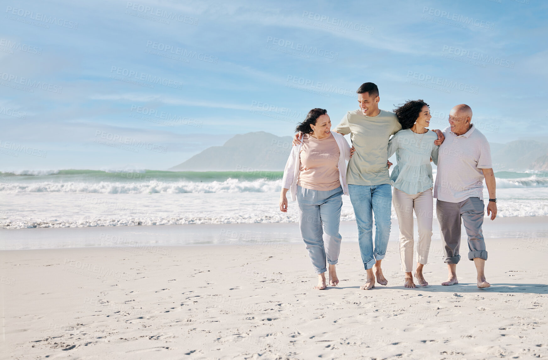 Buy stock photo Love, mockup and a family walking on the beach together for summer vacation or holiday in nature. Sky, freedom and travel with senior people, son or daughter outdoor for summer bonding by the ocean