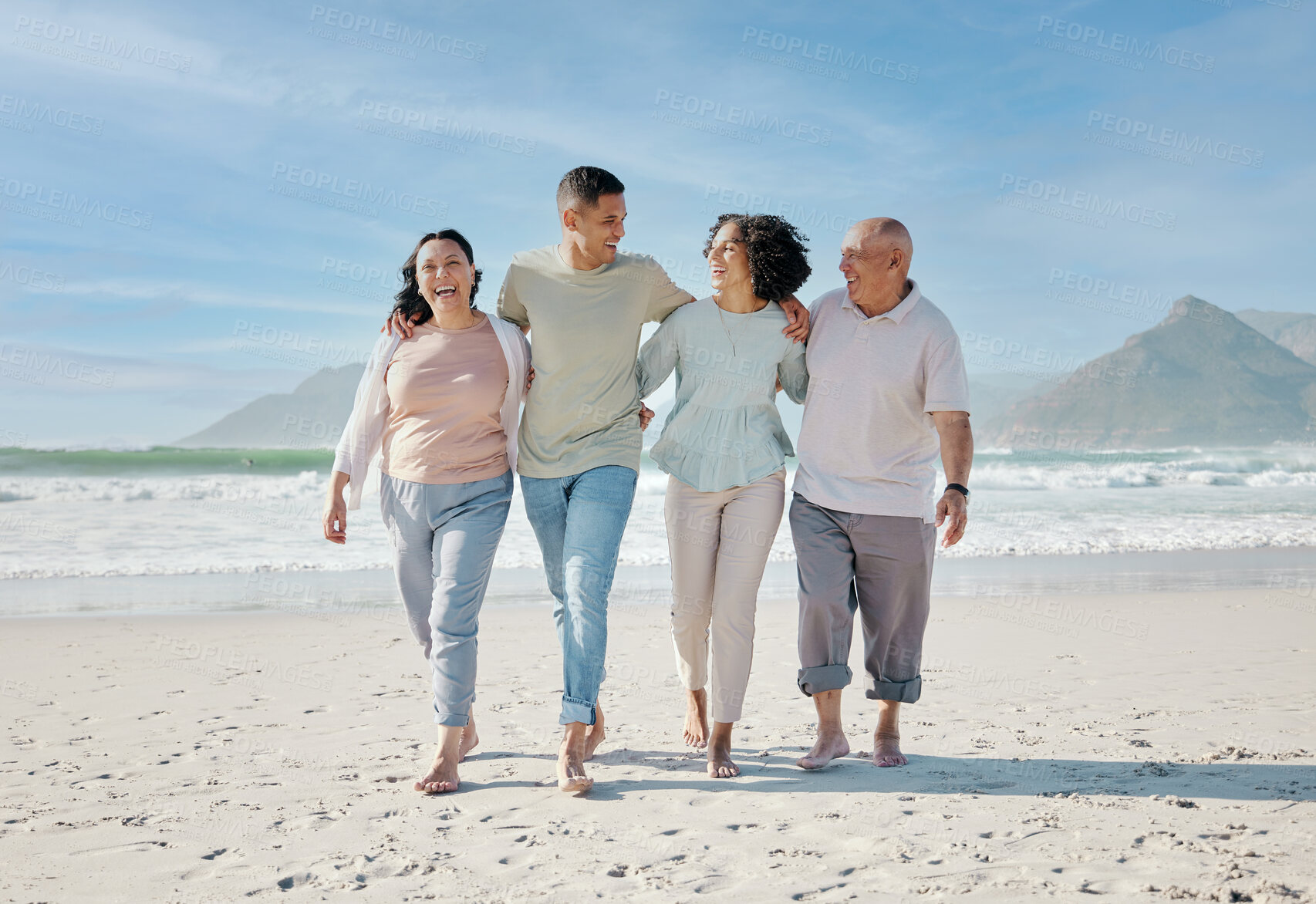 Buy stock photo Love, smile and a family walking on the beach together for summer vacation or holiday in nature. Happy, freedom and travel with senior people, son or daughter outdoor for summer bonding by the ocean