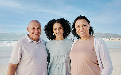 Buy stock photo Portrait of senior parents with woman on beach, smile and embrace on tropical summer holiday in Australia. Ocean, vacation sun and happy family with blue sky, water and love, island travel together.