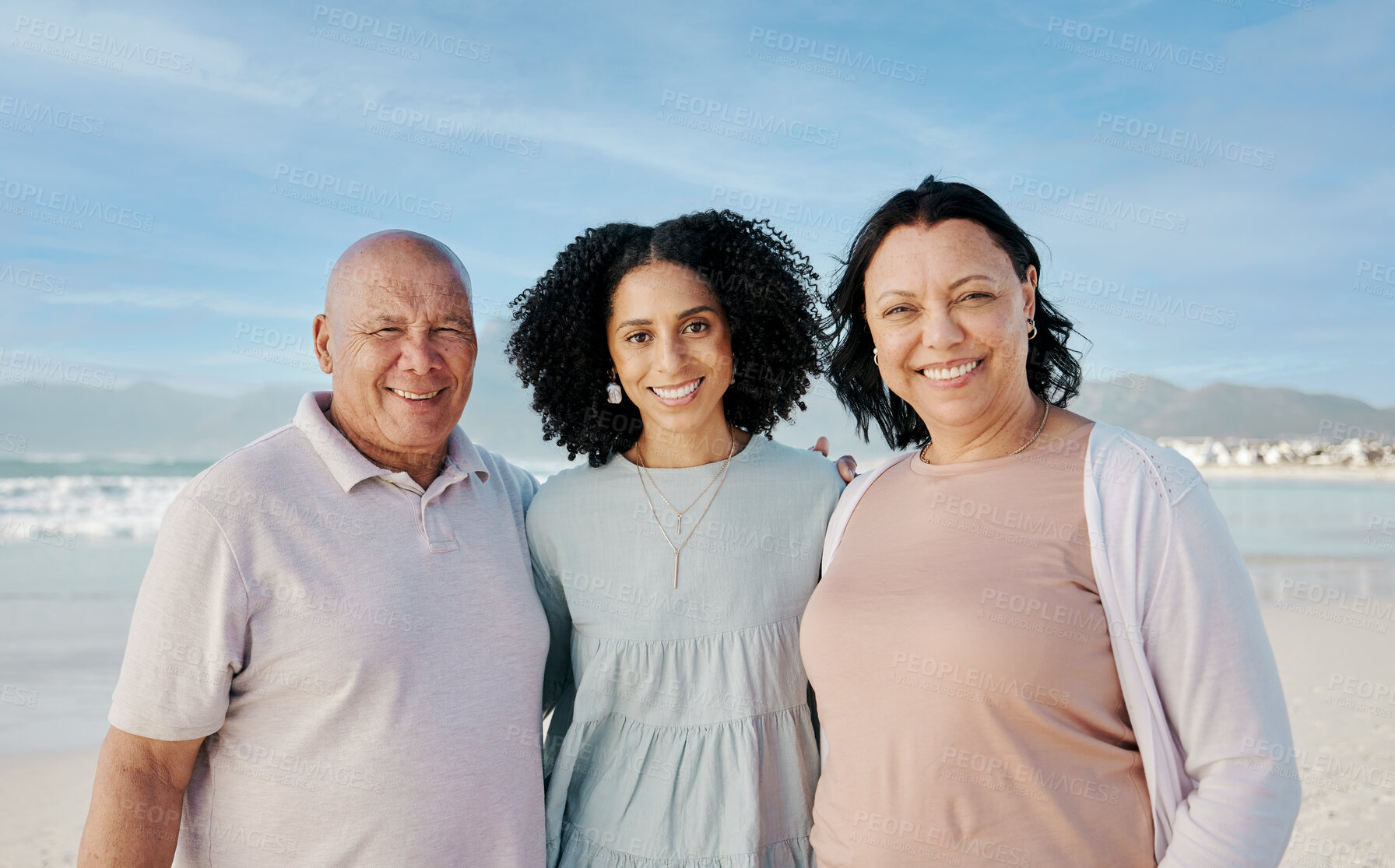 Buy stock photo Portrait of senior parents with woman on beach, smile and embrace on tropical summer holiday in Australia. Ocean, vacation sun and happy family with blue sky, water and love, island travel together.