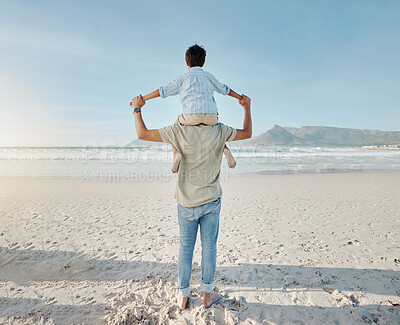 Buy stock photo Dad, child on beach and piggy back together in summer waves on tropical island holiday in Hawaii. Fun, father and son on ocean vacation with love, support and relax at water with blue sky from back.