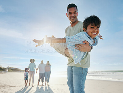 Buy stock photo Beach, airplane and father with child and family in nature for freedom, fun and bond together at sea. Love, flying and excited kid with dad at the ocean for playing with grandparents on travel trip