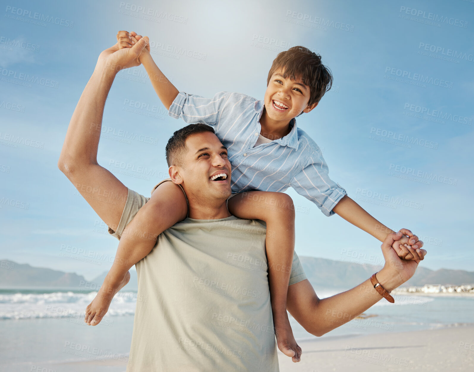 Buy stock photo Father, child on beach with piggy back, smile and playing together in summer waves on tropical island holiday. Fun, dad and boy on ocean vacation with love, support and relax with blue sky in Hawaii.