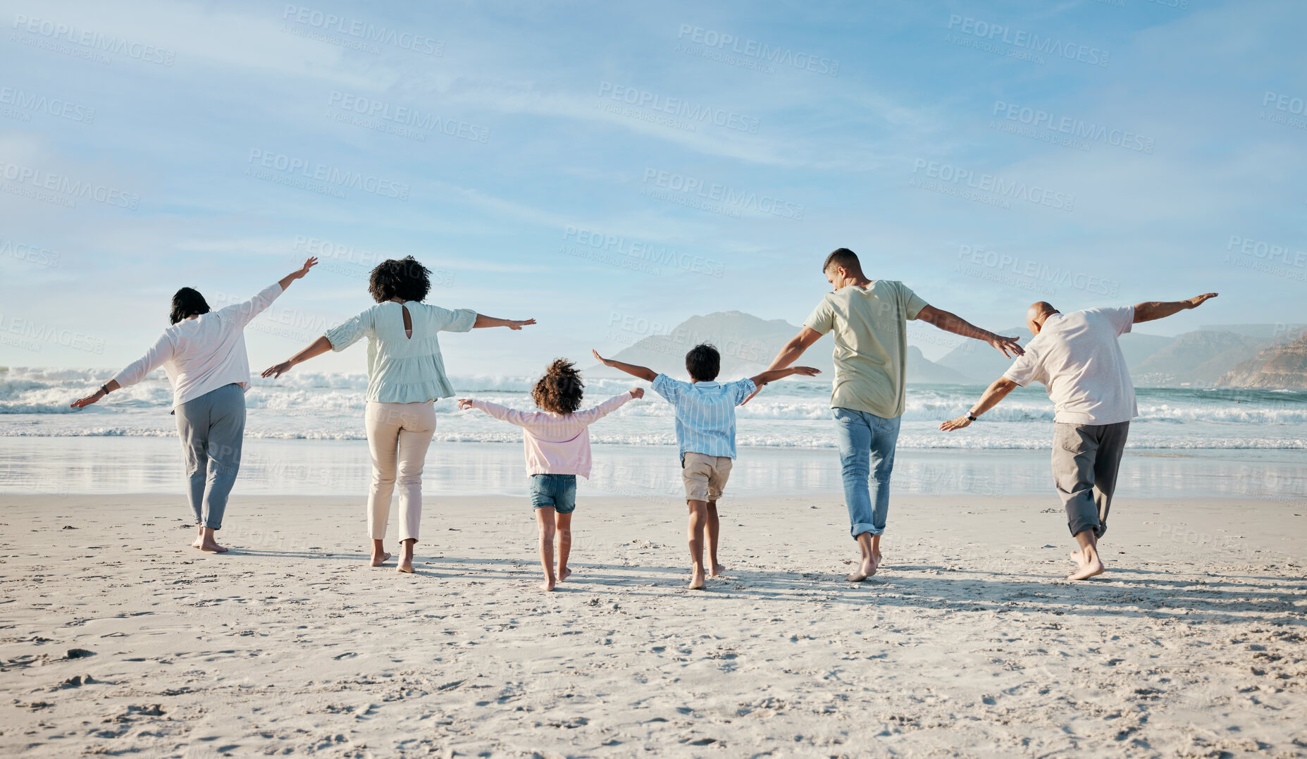 Buy stock photo Playing, together and big family on beach, vacation or holiday freedom in summer with children and generations flying. Parents, grandparents and kids play game to fly, airplane for fun and happiness