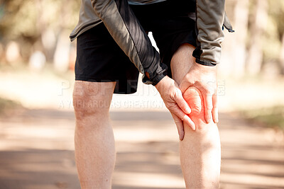 Buy stock photo Runner, hands and knee pain in park, injury or outdoor for fitness, training or muscle emergency. Person, legs accident and exercise for osteoporosis, red overlay or arthritis in nature for workout