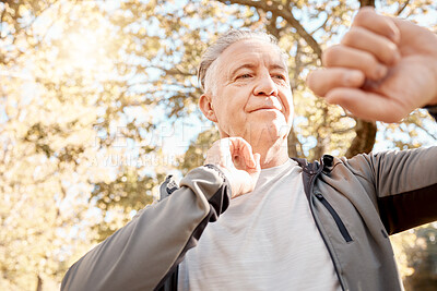Buy stock photo Senior man, check heart rate and smart watch for run, thinking and breathing for training goals in parkpul. Elderly runner, iot clock and outdoor for exercise, workout or fitness and pulse in nature
