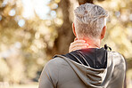Man with neck pain, injury with fitness and red overlay, back and outdoor with mockup space and stress fracture. Inflammation, fibromyalgia and health, spine and muscle tension with glow and exercise