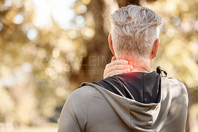Buy stock photo Man with neck pain, injury with fitness and red overlay, back and outdoor with mockup space and stress fracture. Inflammation, fibromyalgia and health, spine and muscle tension with glow and exercise